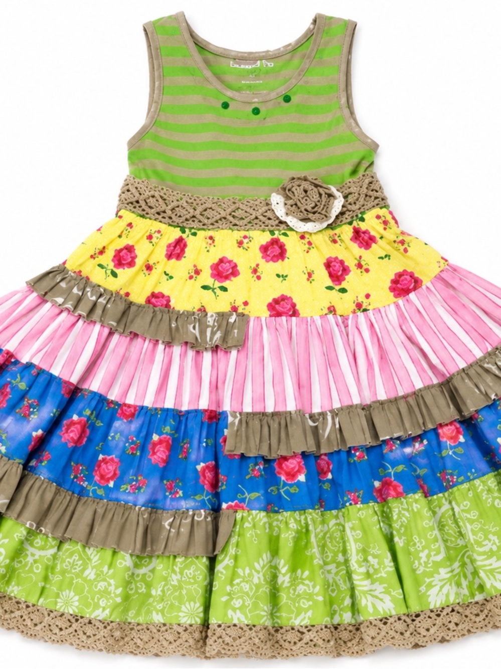 Mustard Pie Colorful Tiered Floral Girls' Dress - Green, Yellow, Pink, Blue